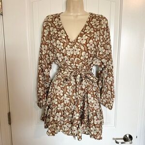 Outerknown Brown Floral Organic Cotton Silk Blend Fit and Flare Dress Si…